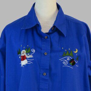 Harriton Women's Blue Embroidered Winter Holiday Christmas Shirt Size 2XL C1759
